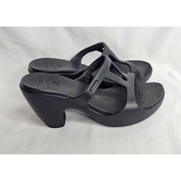 Crocs Cyprus Black Women's Size 8 High Heels Slip on Strappy Sandals Platform - Picture 2 of 7